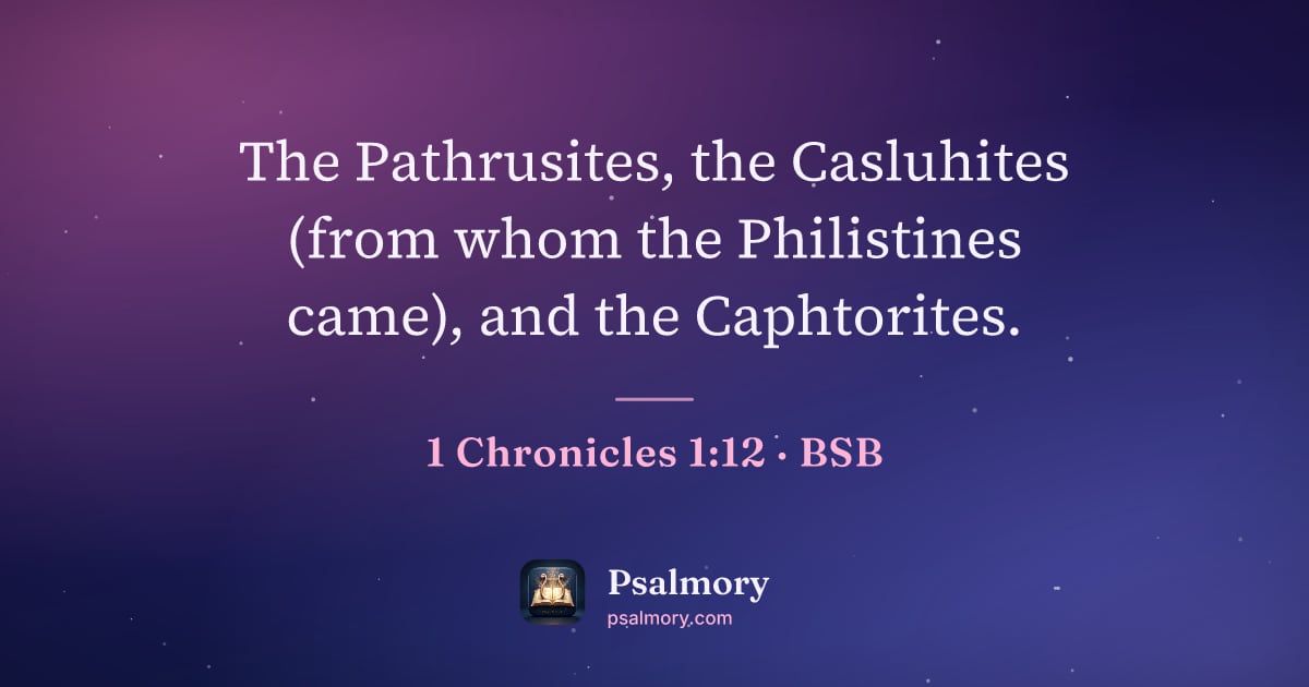 1 Chronicles 1:12 verse artwork: The Pathrusites, the Casluhites (from whom the Philistines came), and the Caphtorites.