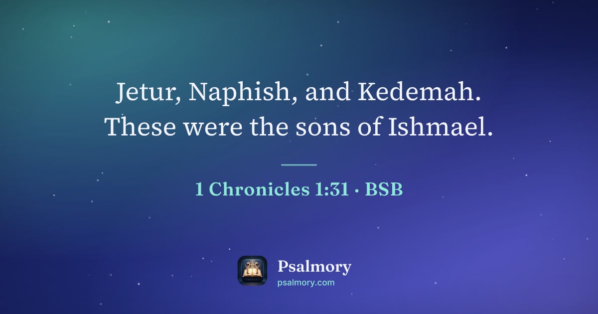 1 Chronicles 1:31 verse artwork: Jetur, Naphish, and Kedemah. These were the sons of Ishmael.