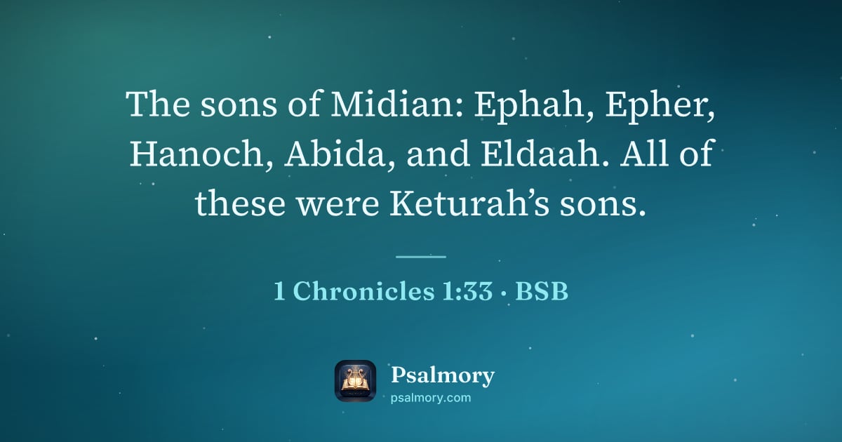 1 Chronicles 1:33 verse artwork: The sons of Midian: Ephah, Epher, Hanoch, Abida, and Eldaah. All of these were Keturah’s…