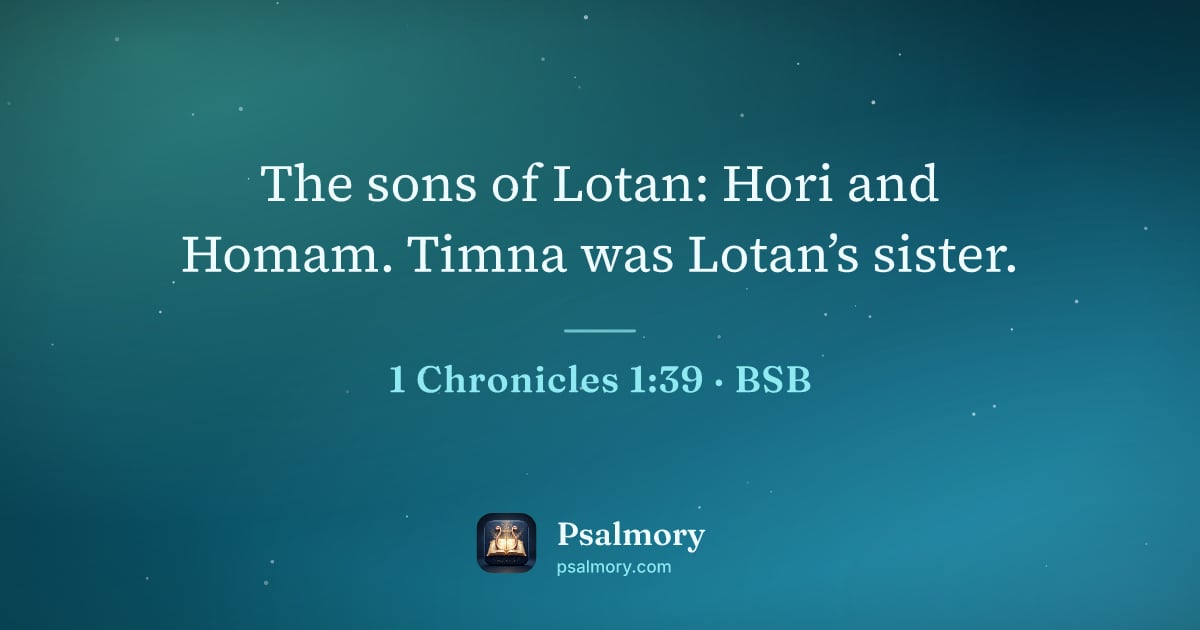 1 Chronicles 1:39 verse artwork: The sons of Lotan: Hori and Homam. Timna was Lotan’s sister.
