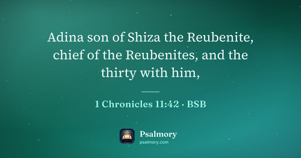 1 Chronicles 11:42 verse artwork: Adina son of Shiza the Reubenite, chief of the Reubenites, and the thirty with him,