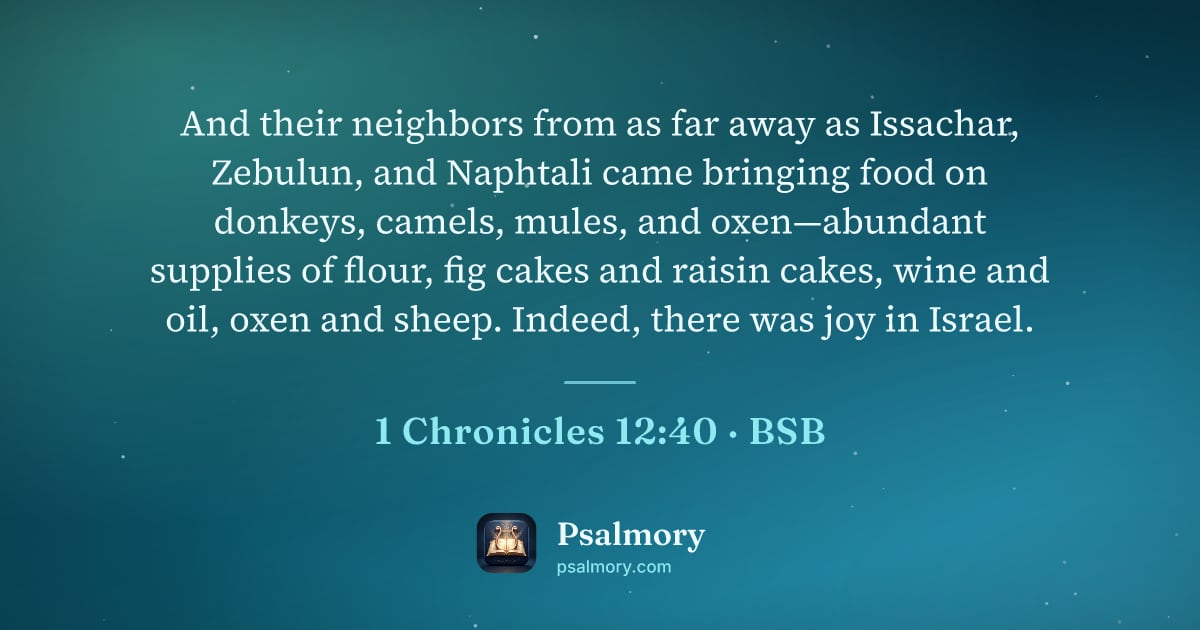 1 Chronicles 12:40 verse artwork: And their neighbors from as far away as Issachar, Zebulun, and Naphtali came bringing…