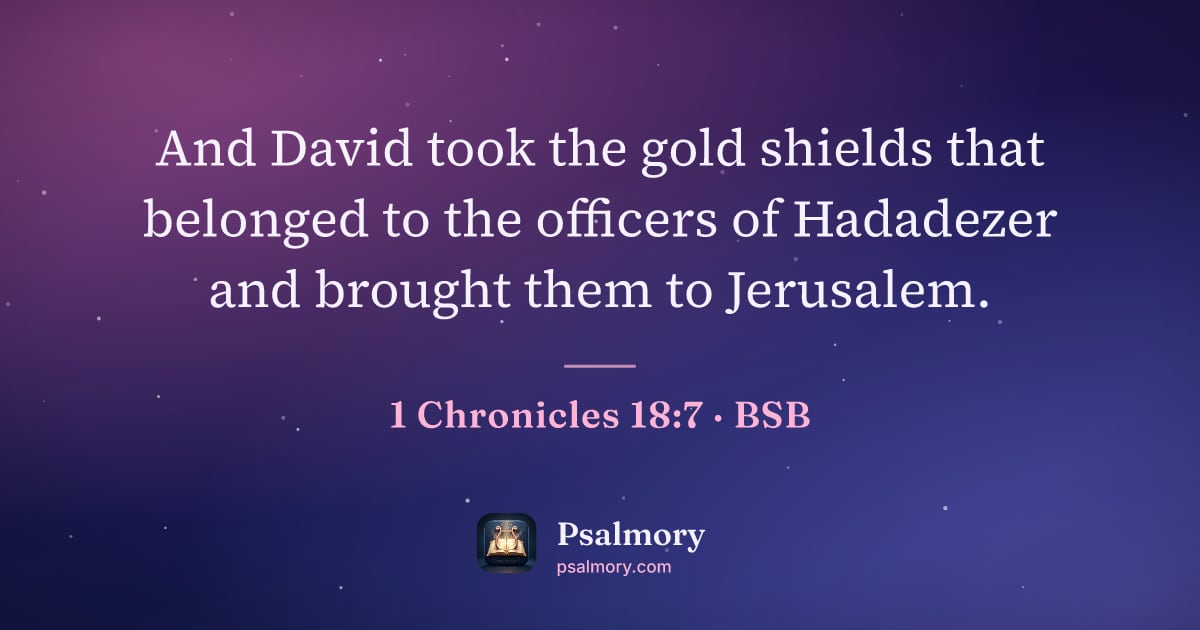 1 Chronicles 18:7 verse artwork: And David took the gold shields that belonged to the officers of Hadadezer and brought…