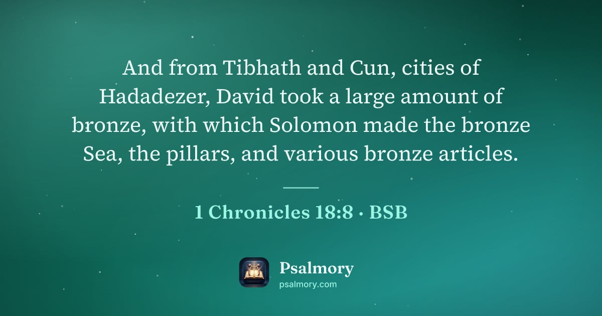 1 Chronicles 18:8 verse artwork: And from Tibhath and Cun, cities of Hadadezer, David took a large amount of bronze, with…