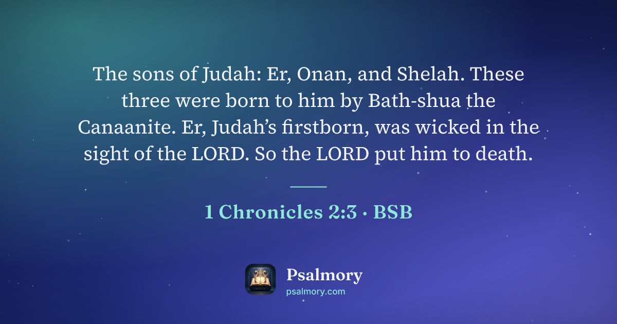 1 Chronicles 2:3 verse artwork: The sons of Judah: Er, Onan, and Shelah. These three were born to him by Bath-shua the…