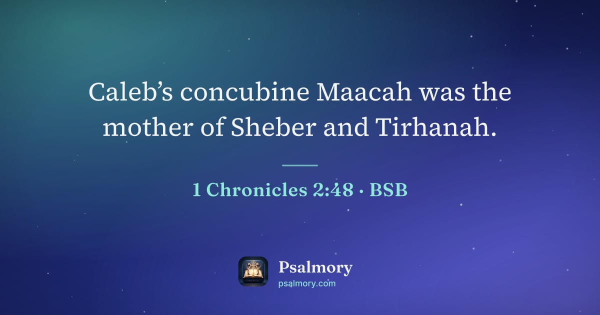 1 Chronicles 2:48 verse artwork: Caleb’s concubine Maacah was the mother of Sheber and Tirhanah.