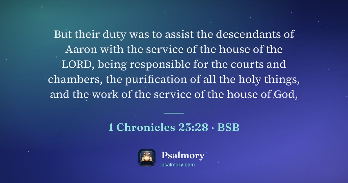 1 Chronicles 23:28 verse artwork: But their duty was to assist the descendants of Aaron with the service of the house of…