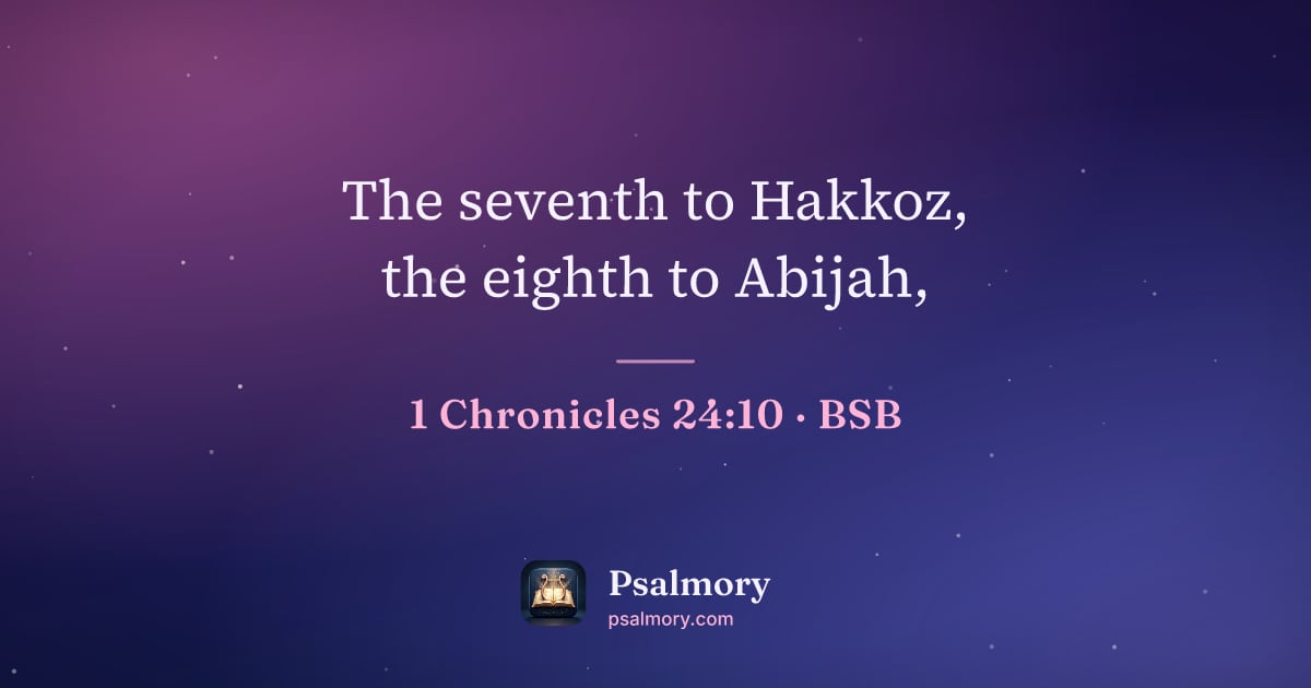 1 Chronicles 24:10 verse artwork: The seventh to Hakkoz, the eighth to Abijah,