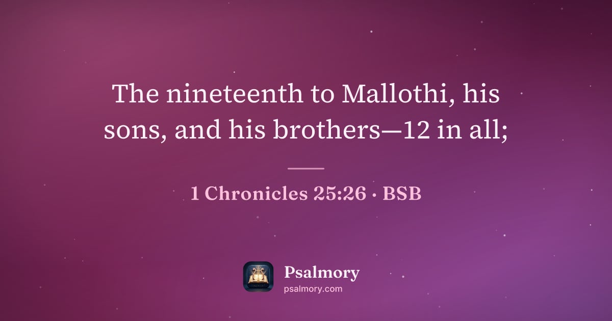 1 Chronicles 25:26 verse artwork: The nineteenth to Mallothi, his sons, and his brothers—12 in all;