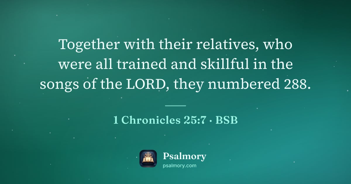 1 Chronicles 25:7 verse artwork: Together with their relatives, who were all trained and skillful in the songs of the…