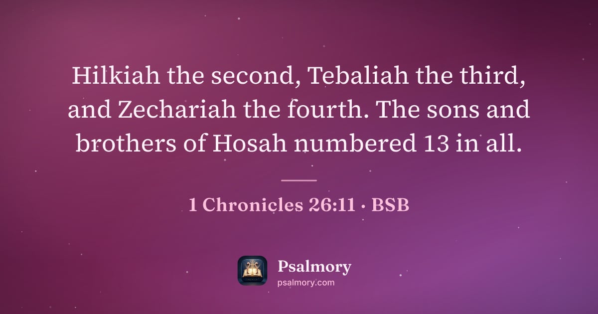 1 Chronicles 26:11 verse artwork: Hilkiah the second, Tebaliah the third, and Zechariah the fourth. The sons and brothers…