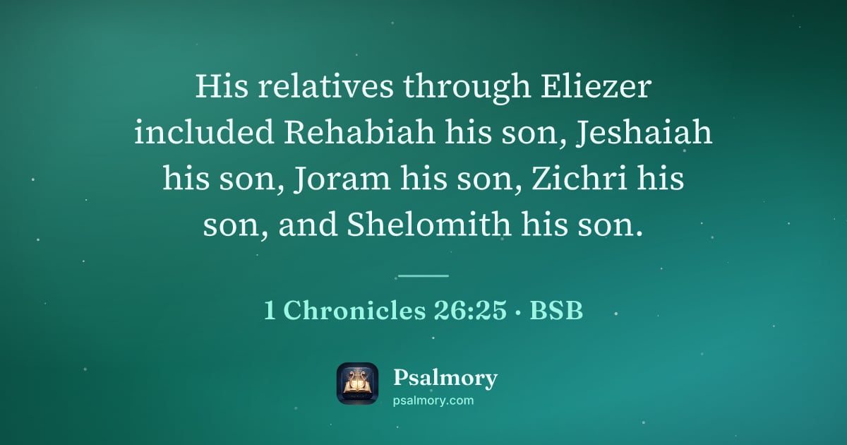 1 Chronicles 26:25 verse artwork: His relatives through Eliezer included Rehabiah his son, Jeshaiah his son, Joram his…