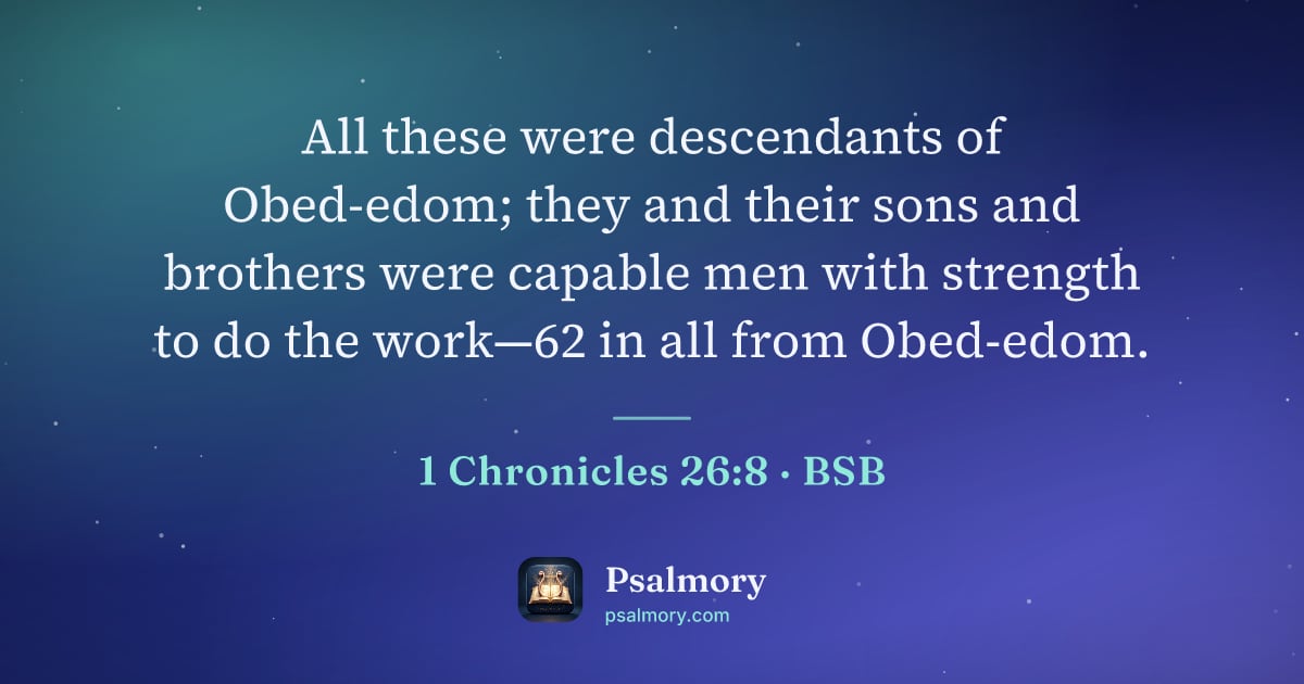 1 Chronicles 26:8 verse artwork: All these were descendants of Obed-edom; they and their sons and brothers were capable…