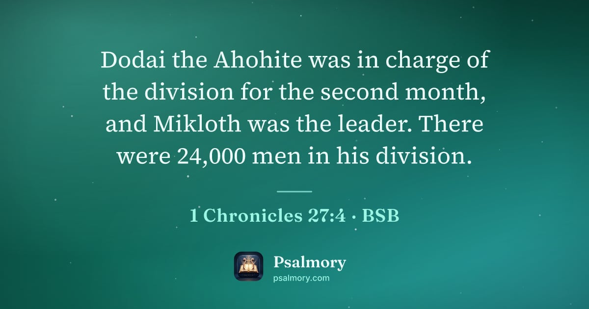 1 Chronicles 27:4 verse artwork: Dodai the Ahohite was in charge of the division for the second month, and Mikloth was…