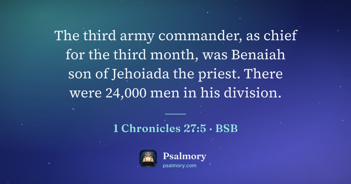 1 Chronicles 27:5 verse artwork: The third army commander, as chief for the third month, was Benaiah son of Jehoiada the…