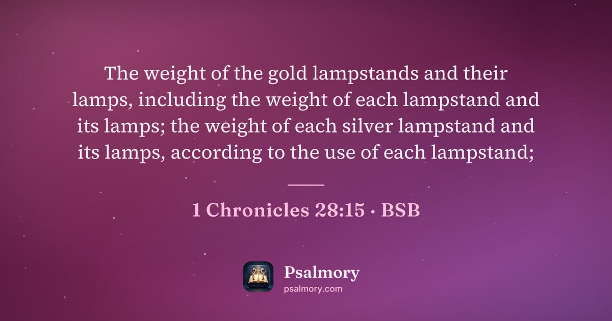 1 Chronicles 28:15 verse artwork: The weight of the gold lampstands and their lamps, including the weight of each…
