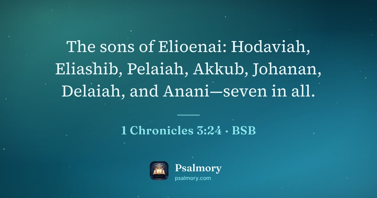 1 Chronicles 3:24 verse artwork: The sons of Elioenai: Hodaviah, Eliashib, Pelaiah, Akkub, Johanan, Delaiah, and…