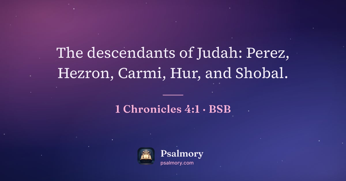 1 Chronicles 4:1 verse artwork: The descendants of Judah: Perez, Hezron, Carmi, Hur, and Shobal.
