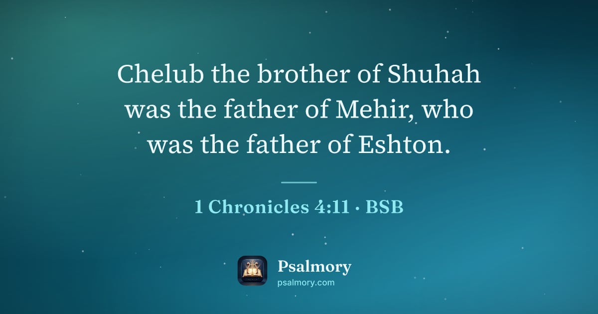 1 Chronicles 4:11 verse artwork: Chelub the brother of Shuhah was the father of Mehir, who was the father of Eshton.