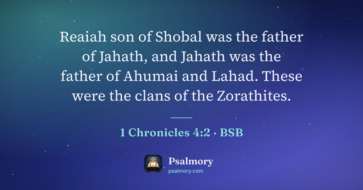 1 Chronicles 4:2 verse artwork: Reaiah son of Shobal was the father of Jahath, and Jahath was the father of Ahumai and…