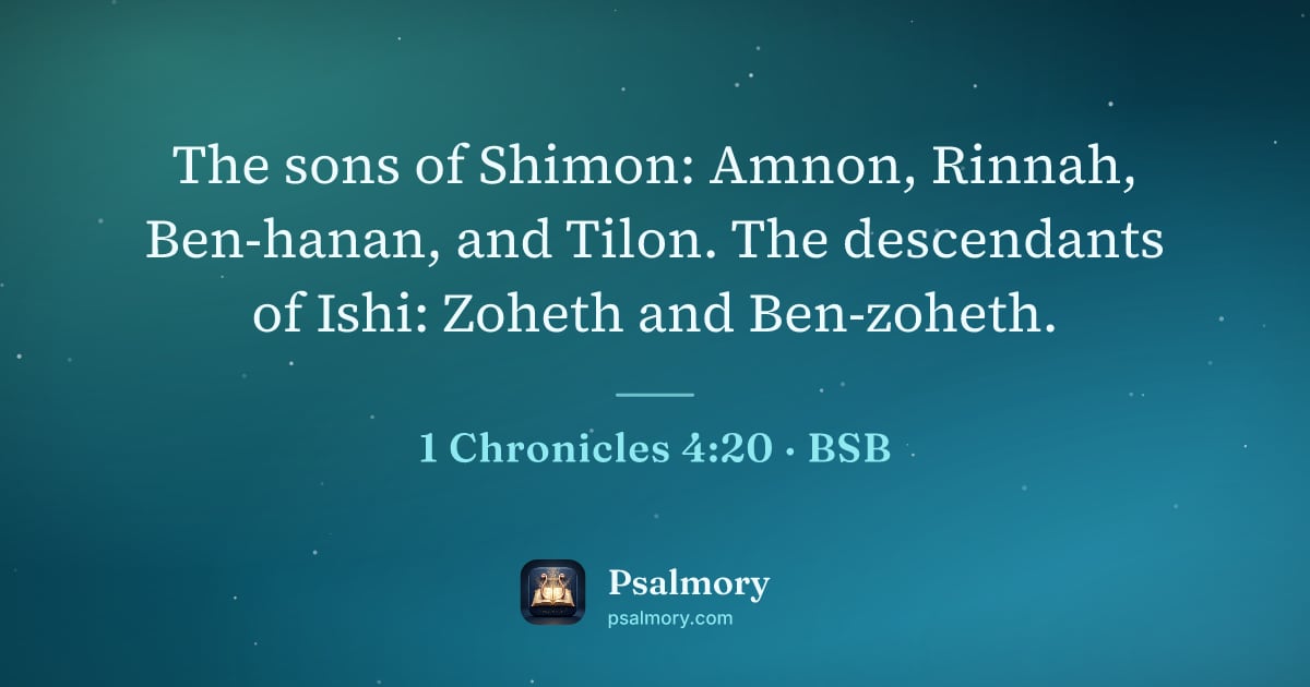 1 Chronicles 4:20 verse artwork: The sons of Shimon: Amnon, Rinnah, Ben-hanan, and Tilon. The descendants of Ishi: Zoheth…