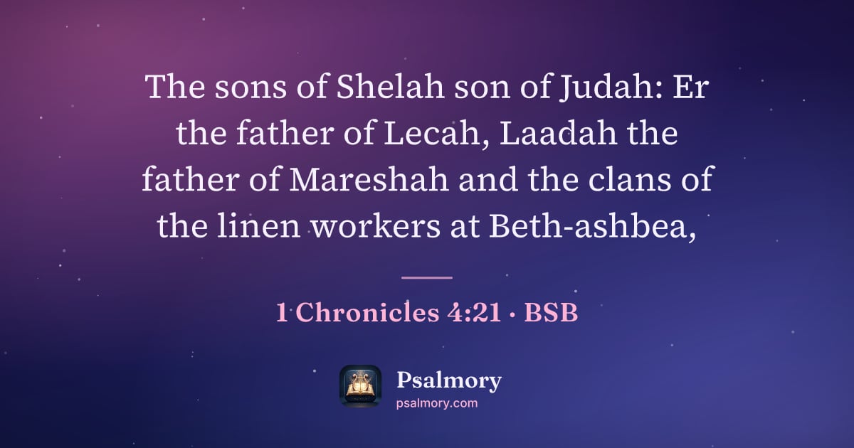 1 Chronicles 4:21 verse artwork: The sons of Shelah son of Judah: Er the father of Lecah, Laadah the father of Mareshah…