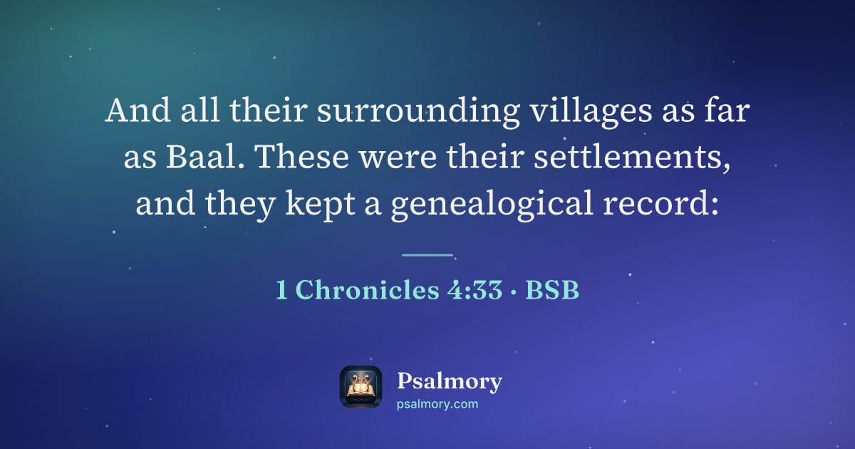 1 Chronicles 4:33 verse artwork: And all their surrounding villages as far as Baal. These were their settlements, and…