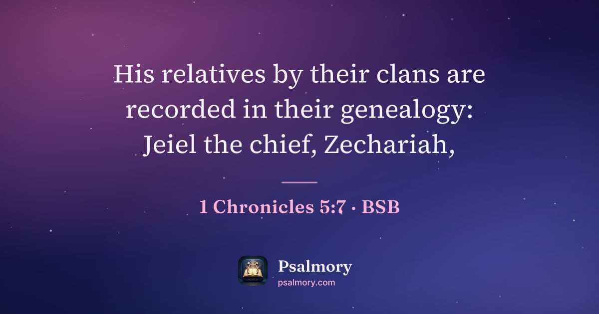 1 Chronicles 5:7 verse artwork: His relatives by their clans are recorded in their genealogy: Jeiel the chief, Zechariah,