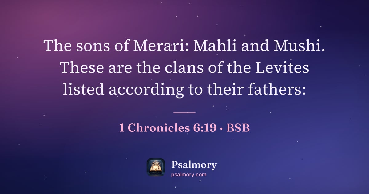 1 Chronicles 6:19 verse artwork: The sons of Merari: Mahli and Mushi. These are the clans of the Levites listed according…