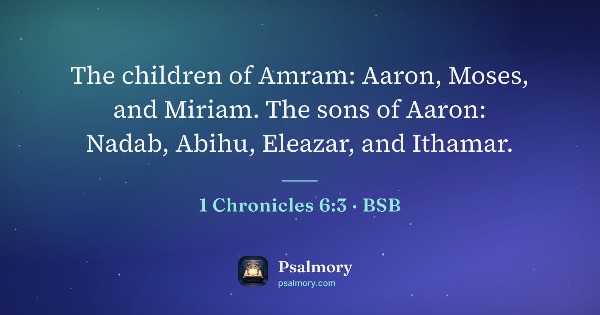 1 Chronicles 6:3 verse artwork: The children of Amram: Aaron, Moses, and Miriam. The sons of Aaron: Nadab, Abihu,…