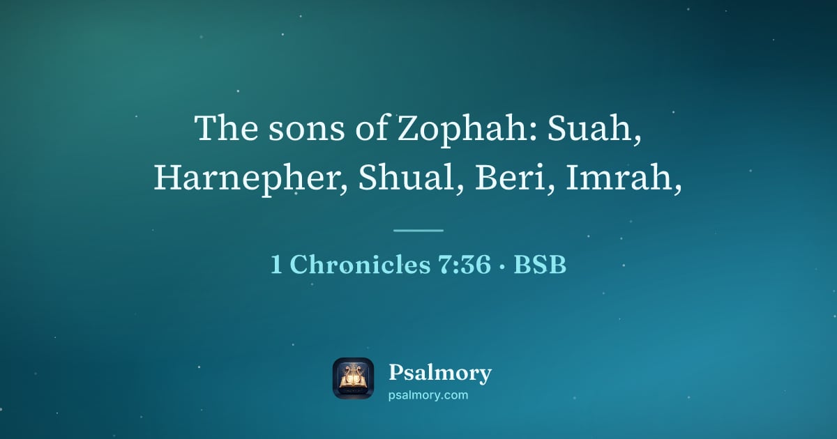 1 Chronicles 7:36 verse artwork: The sons of Zophah: Suah, Harnepher, Shual, Beri, Imrah,