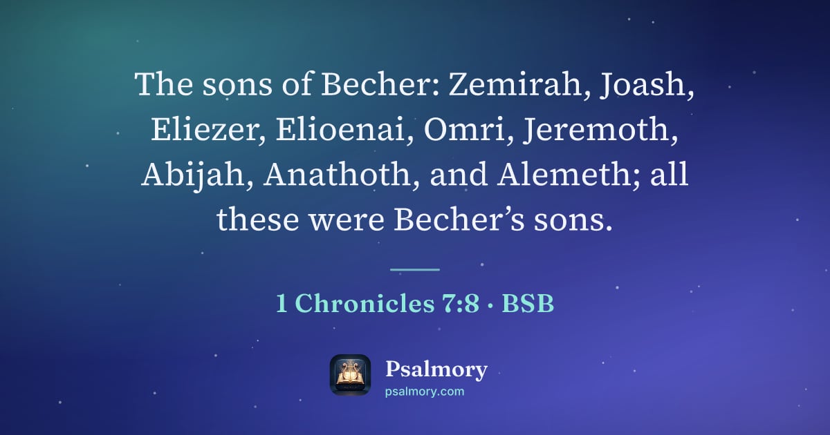 1 Chronicles 7:8 verse artwork: The sons of Becher: Zemirah, Joash, Eliezer, Elioenai, Omri, Jeremoth, Abijah, Anathoth,…