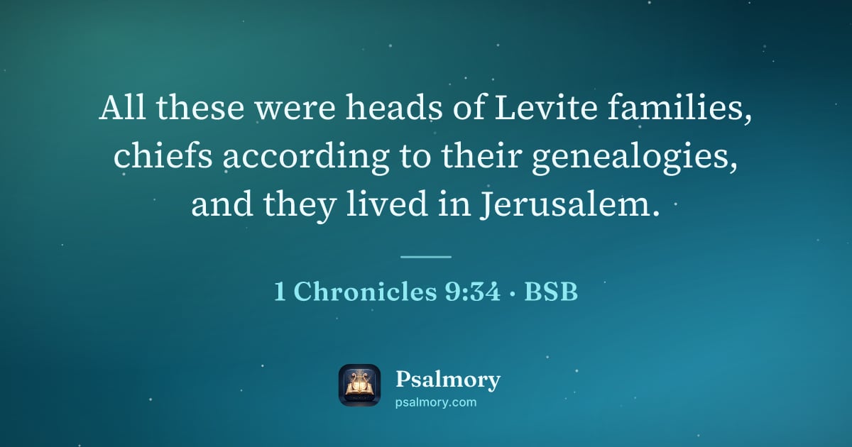 1 Chronicles 9:34 verse artwork: All these were heads of Levite families, chiefs according to their genealogies, and they…