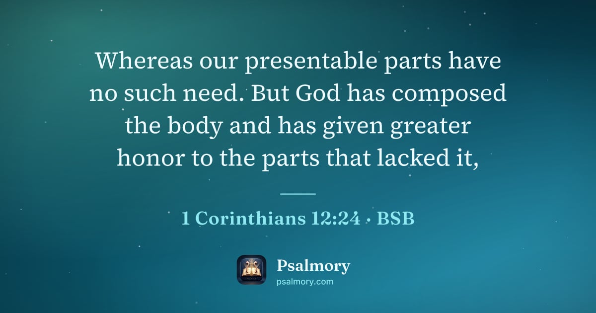 1 Corinthians 12:24 verse artwork: Whereas our presentable parts have no such need. But God has composed the body and has…