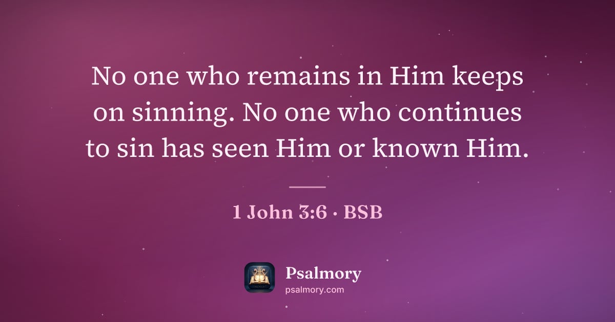 1 John 3:6 verse artwork: No one who remains in Him keeps on sinning. No one who continues to sin has seen Him or…