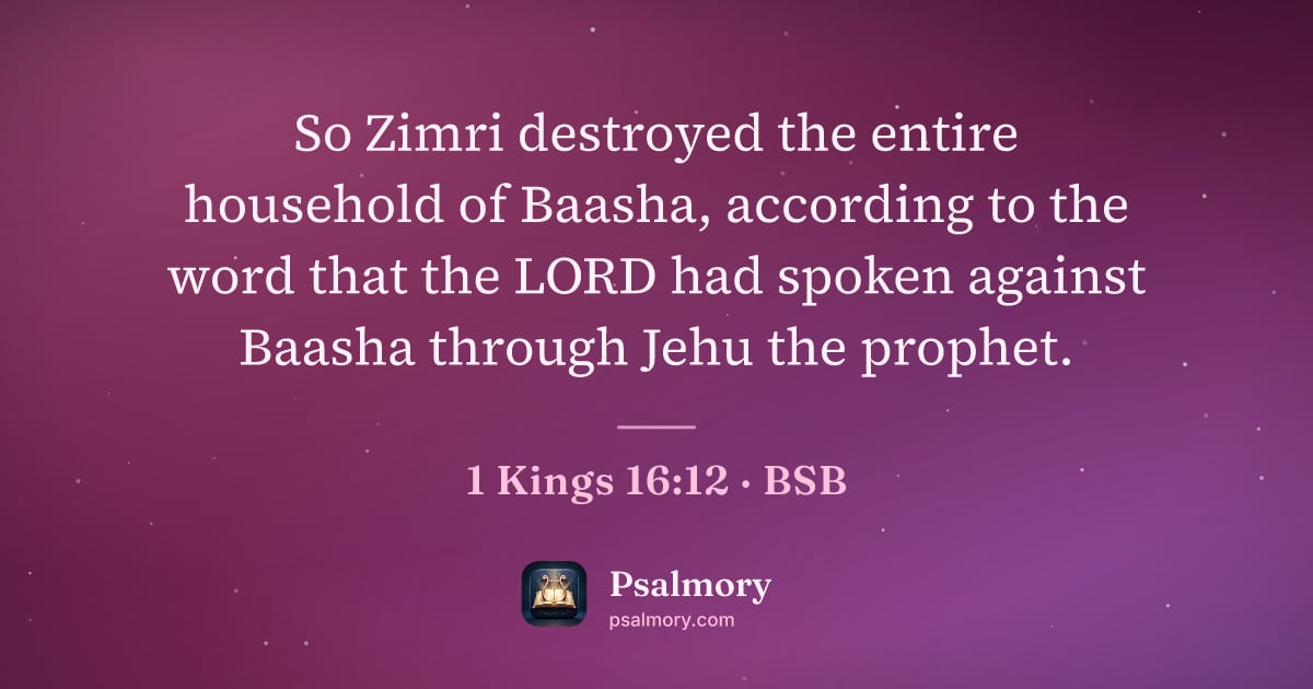 1 Kings 16:12 verse artwork: So Zimri destroyed the entire household of Baasha, according to the word that the LORD…