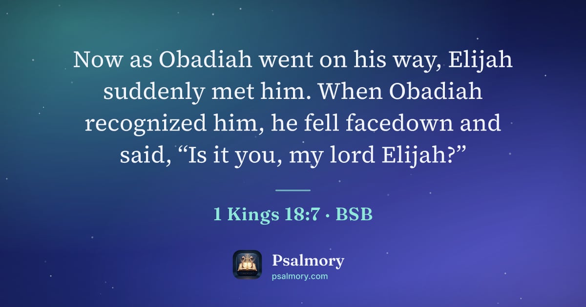 1 Kings 18:7 verse artwork: Now as Obadiah went on his way, Elijah suddenly met him. When Obadiah recognized him, he…