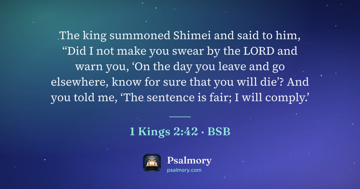 1 Kings 2:42 verse artwork: The king summoned Shimei and said to him, “Did I not make you swear by the LORD and warn…