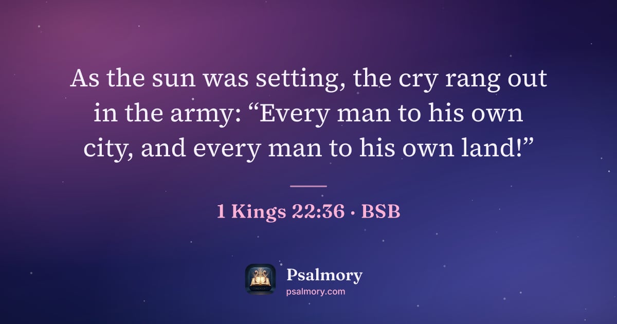 1 Kings 22:36 verse artwork: As the sun was setting, the cry rang out in the army: “Every man to his own city, and…