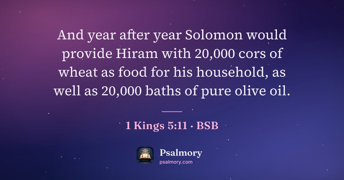 1 Kings 5:11 verse artwork: And year after year Solomon would provide Hiram with 20,000 cors of wheat as food for…