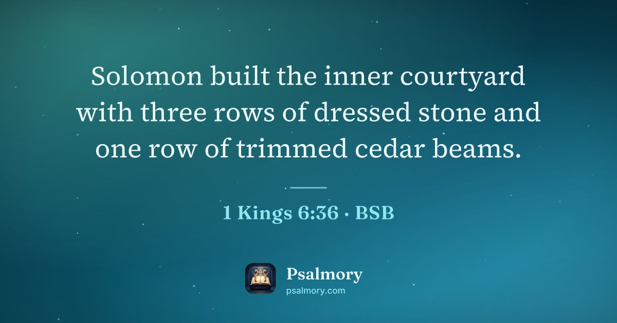 1 Kings 6:36 verse artwork: Solomon built the inner courtyard with three rows of dressed stone and one row of…