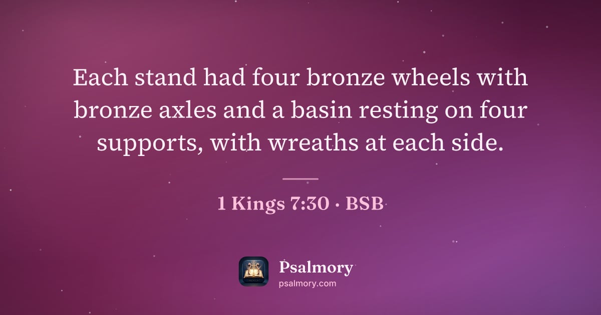1 Kings 7:30 verse artwork: Each stand had four bronze wheels with bronze axles and a basin resting on four…