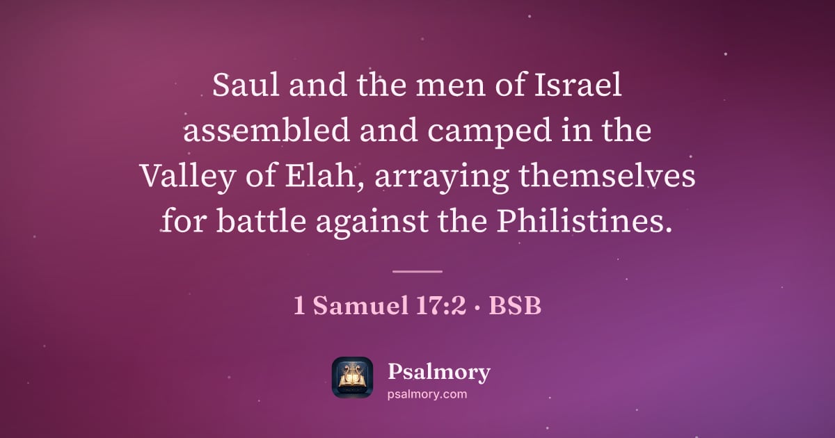 1 Samuel 17:2 verse artwork: Saul and the men of Israel assembled and camped in the Valley of Elah, arraying…