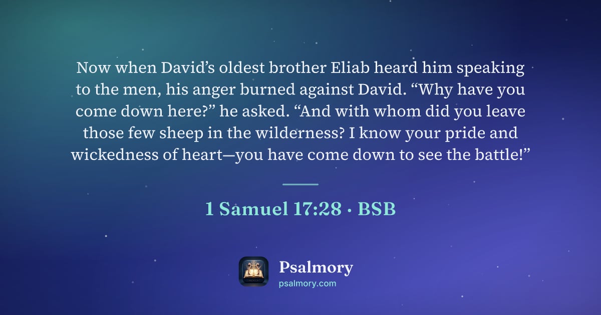 1 Samuel 17:28 verse artwork: Now when David’s oldest brother Eliab heard him speaking to the men, his anger burned…