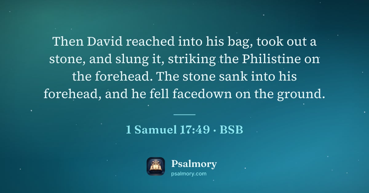 1 Samuel 17:49 verse artwork: Then David reached into his bag, took out a stone, and slung it, striking the Philistine…