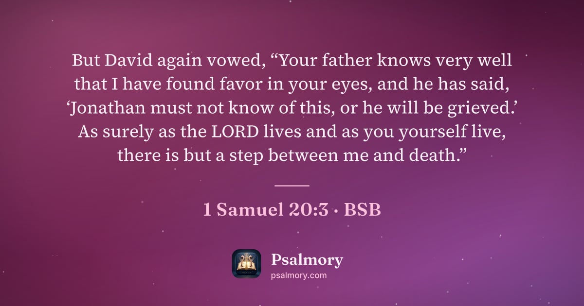 1 Samuel 20:3 verse artwork: But David again vowed, “Your father knows very well that I have found favor in your…