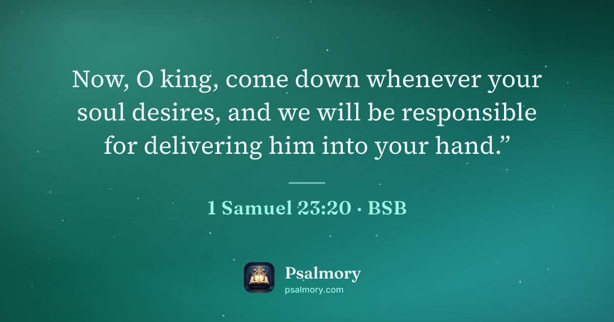 1 Samuel 23:20 verse artwork: Now, O king, come down whenever your soul desires, and we will be responsible for…