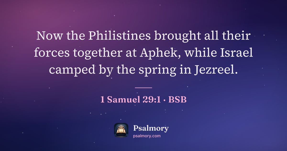 1 Samuel 29:1 verse artwork: Now the Philistines brought all their forces together at Aphek, while Israel camped by…