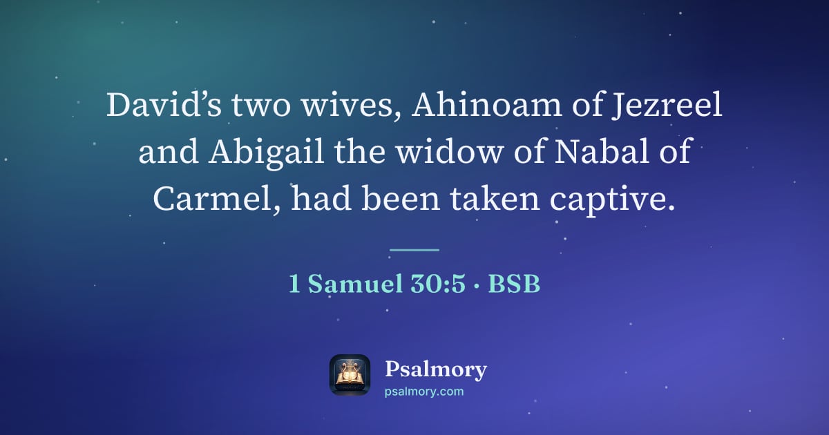1 Samuel 30:5 verse artwork: David’s two wives, Ahinoam of Jezreel and Abigail the widow of Nabal of Carmel, had been…