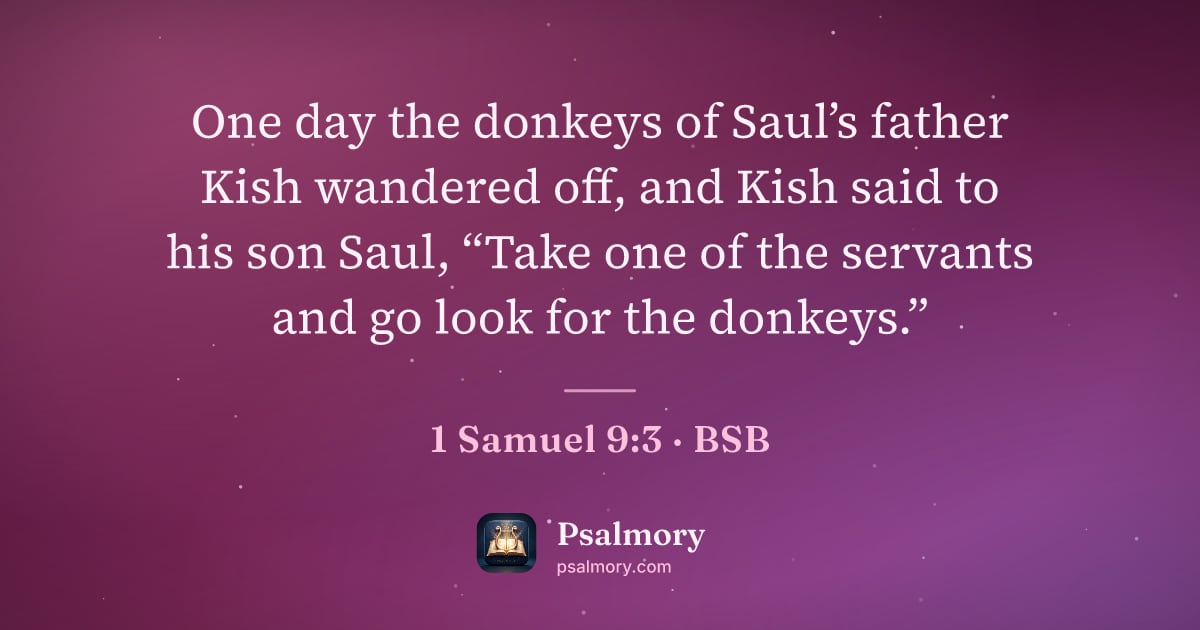1 Samuel 9:3 verse artwork: One day the donkeys of Saul’s father Kish wandered off, and Kish said to his son Saul,…